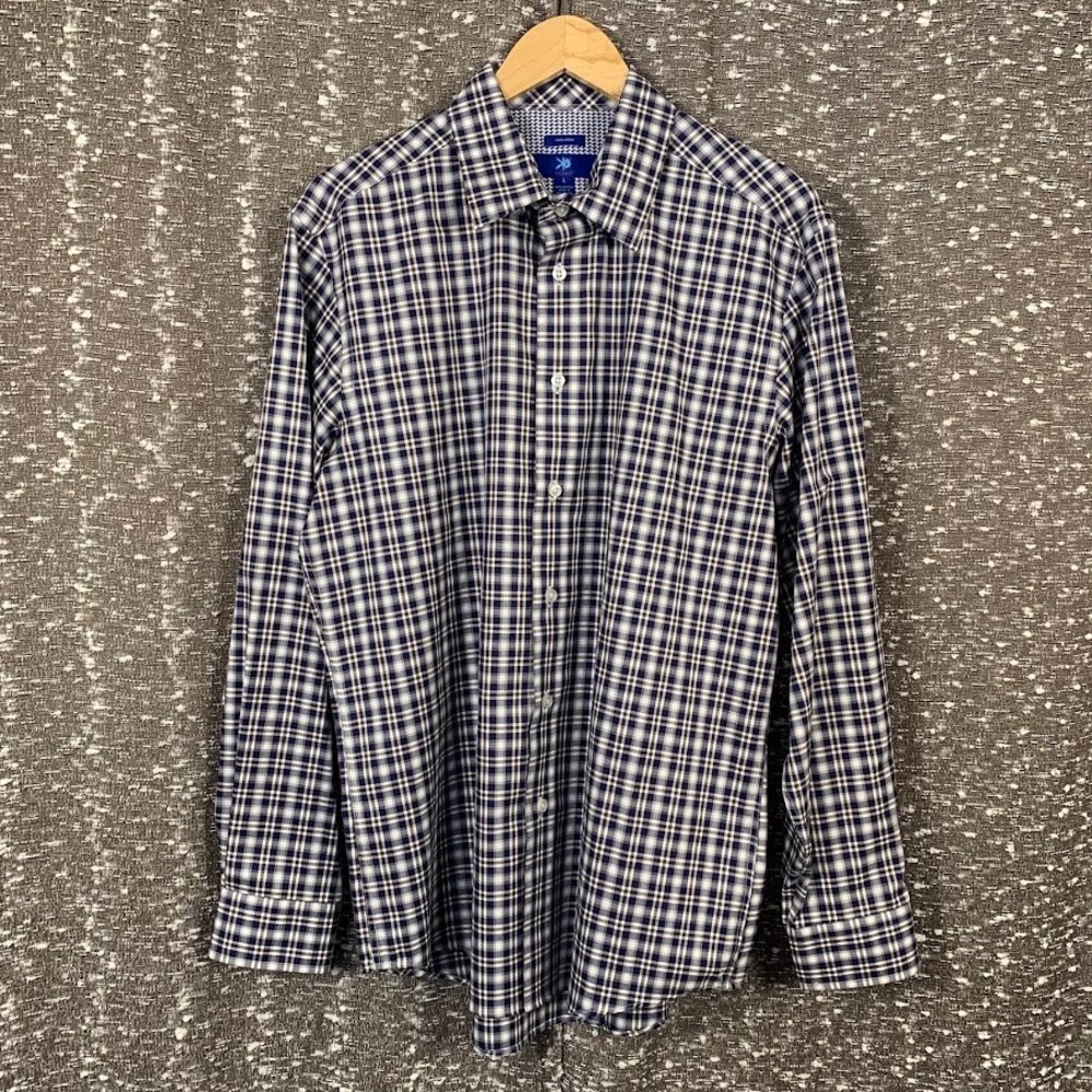 Egara Long‎ Sleeve Button Up Blue Plaid Shirt Men's Large 100% Cotton